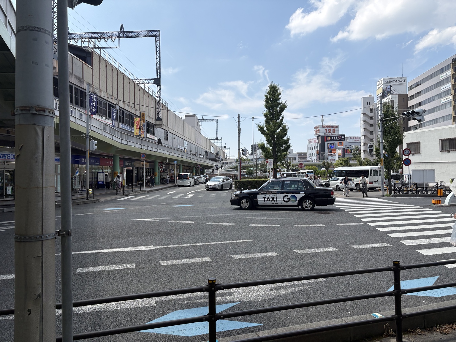 近鉄八尾駅の高架駅舎と駅前の交差点